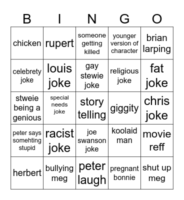 family guy Bingo Card