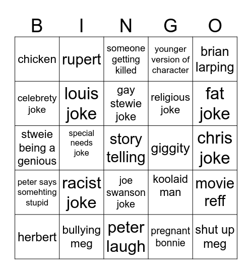 family guy Bingo Card
