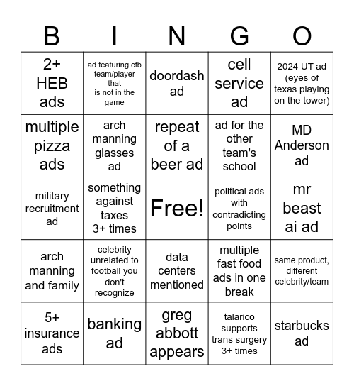 UT Football Advertisements (pre-midterms) Bingo Card