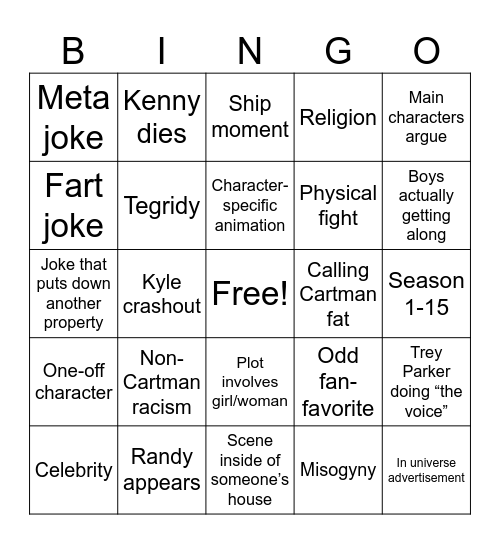 South Park Bungo Bingo Card