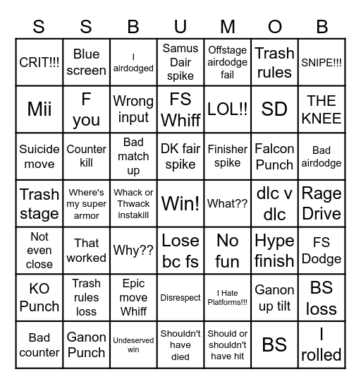 Smash Ultimate Mega Online Bingo Card