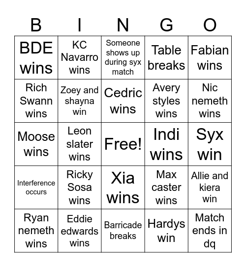 Bound For Glory Bingo Card