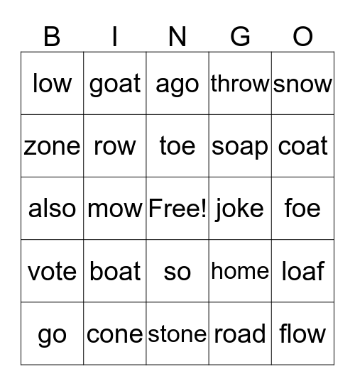 Long O Bingo Card