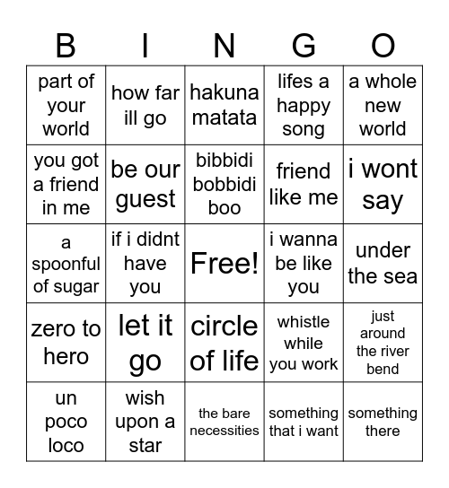 Disney Music Bingo Card