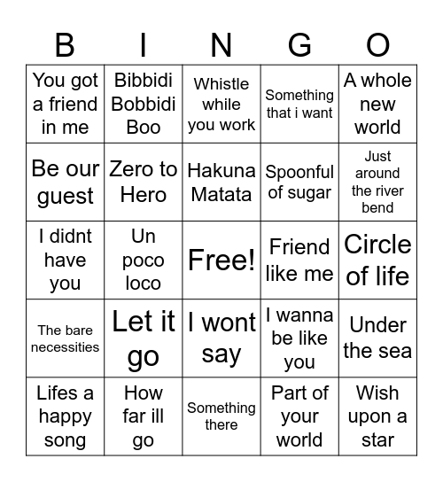 Disney Music Bingo Card