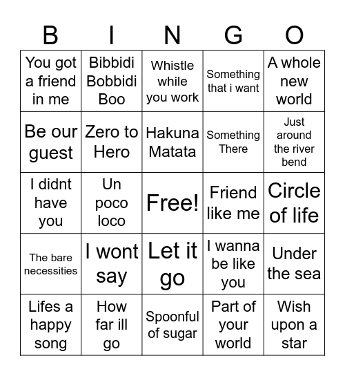 Disney Music Bingo Card