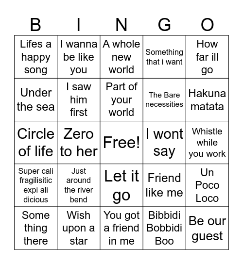 Disney Music Bingo Card
