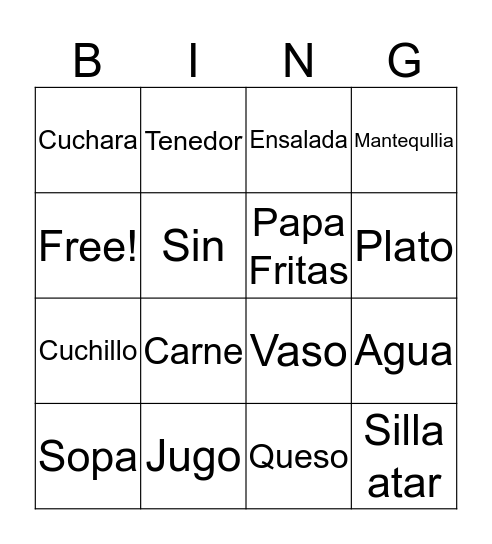 Restaurant Bingo Card