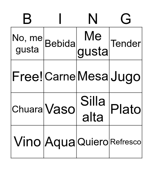 Restaurant  Bingo Card