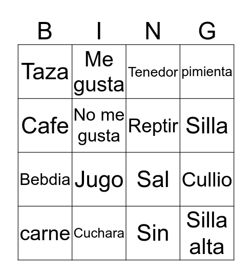 Restaurant  Bingo Card