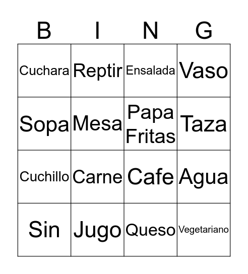 Restaurant Bingo Card