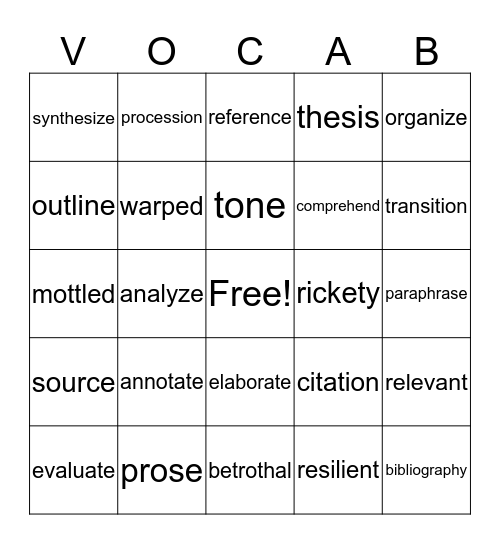 Quarter 3 Vocabulary Bingo Card