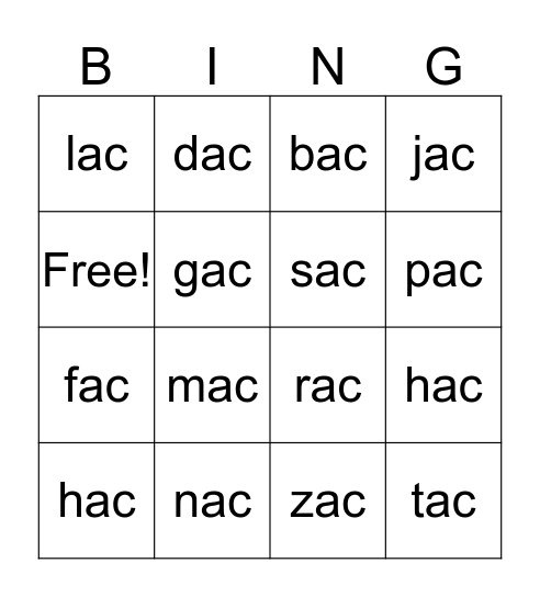 ac - word family Bingo Card