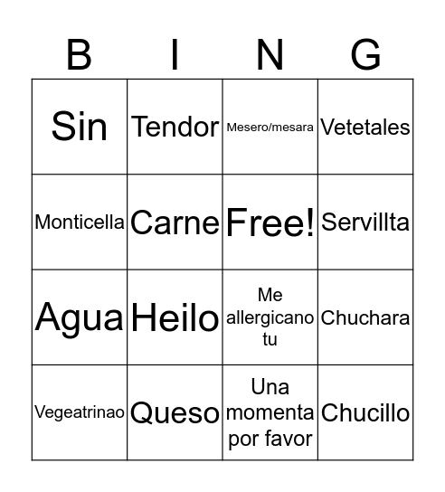 Restaurant  Bingo Card