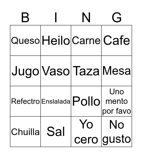 Restaurante Bingo Card