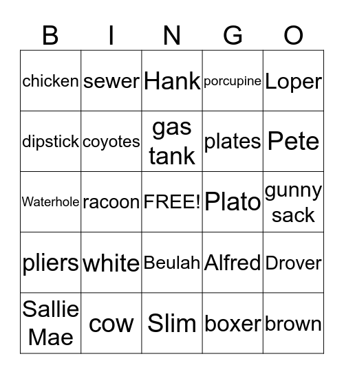Hank the Cowdog Bingo Card