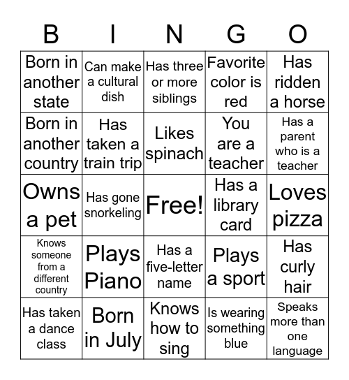 Getting to Know You Bingo. In each box, write the name of a different classmate who fits the descriptor.  Bingo Card