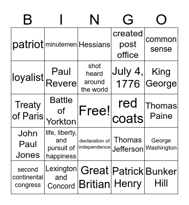Revolutionary War Bingo Card
