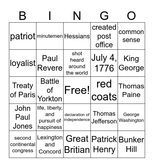 Revolutionary War Bingo Card
