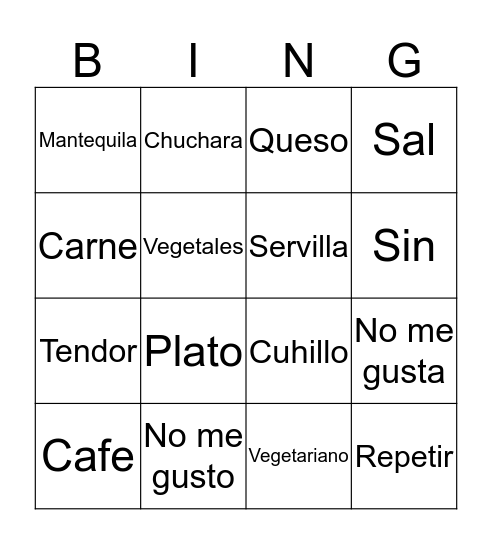 Resturant Bingo Card