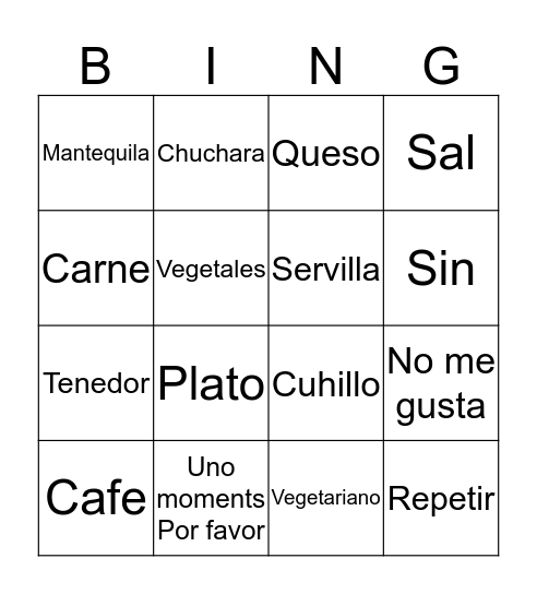 Resturant Bingo Card