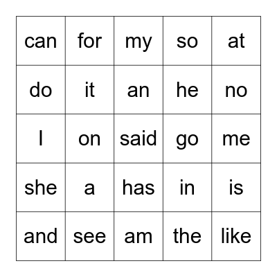 Sight Words- K Bingo Card