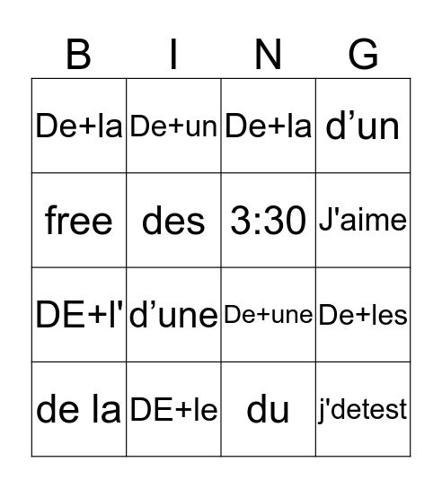 contractions with DE Bingo Card