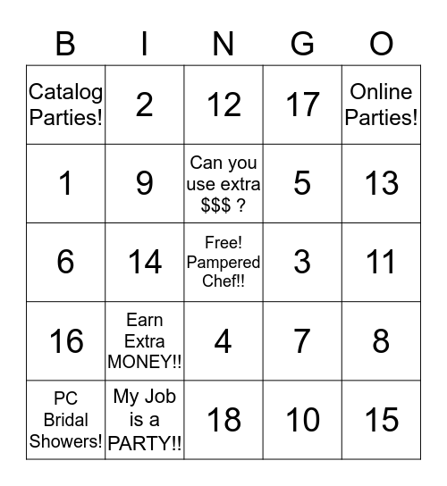 Pampered Chef Bingo Party!! Bingo Card