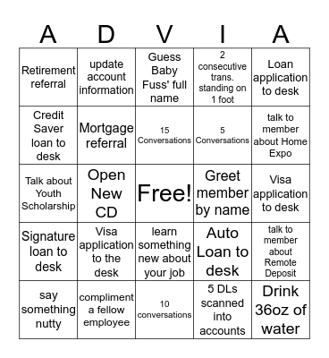 Friday's Advia Game Bingo Card