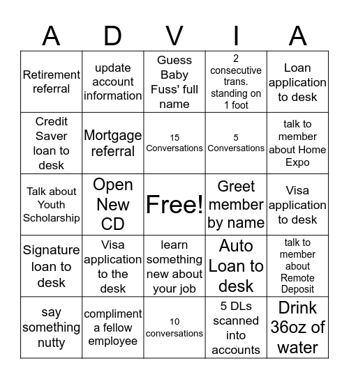 Friday's Advia Game Bingo Card