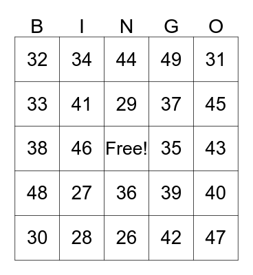 Numeros 26 - 49 Bingo Card