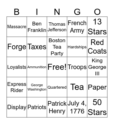 Revolutionary War Bingo Card