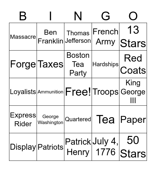 Revolutionary War Bingo Card