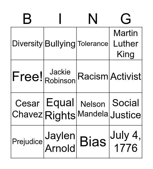 Social Justice Bingo Card