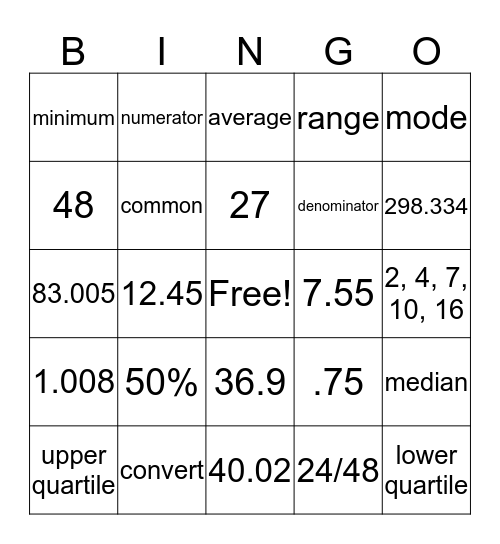 ESL Math  Bingo Card