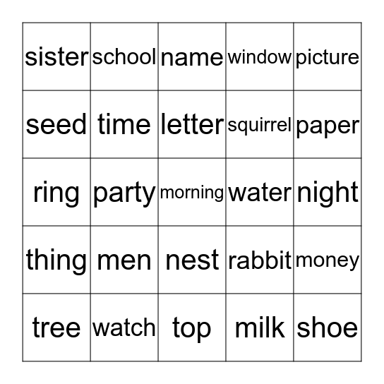 Dolch Sight Words Nouns 2 Bingo Card