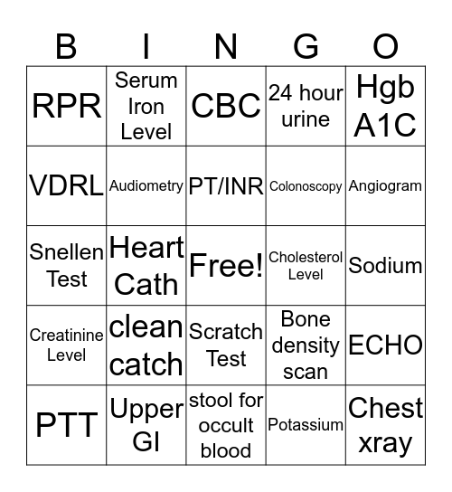 AH 1 Lab and Diagnostic Test Bingo Card