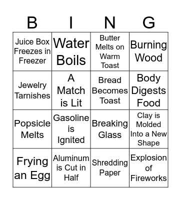 Physical and Chemical Changes Bingo Card