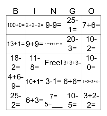 Addition and subtraction bingo Card