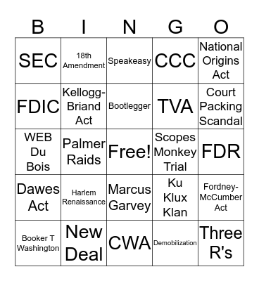 Roaring 20's and Great Depression  Bingo Card
