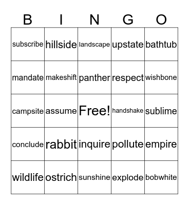 Rabbit - Ostrich - Panther BINGO Card