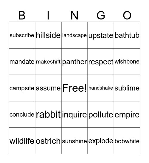 Rabbit - Ostrich - Panther BINGO Card
