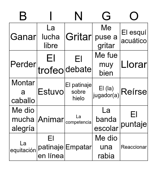Sp2 Ch4 Vocab 1 (Spanish) Bingo Card