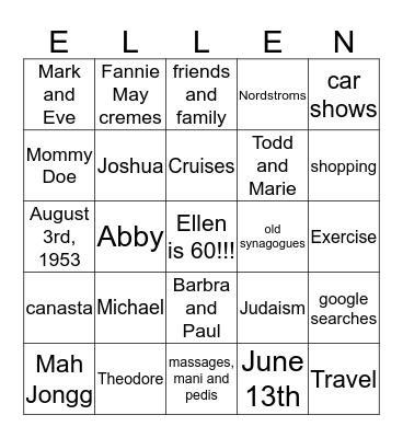 Ellen is 60 and Sensational!!!! Bingo Card