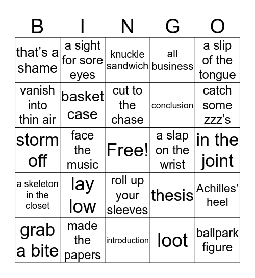 Idioms + Writing Bingo Card