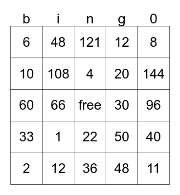 numeros Bingo Card