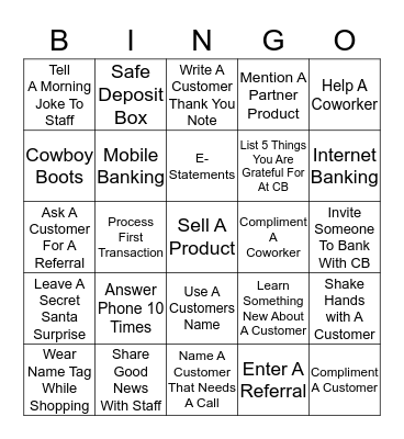Columbia Bank Bingo Card