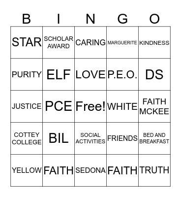 P.E.O. BINGO Card