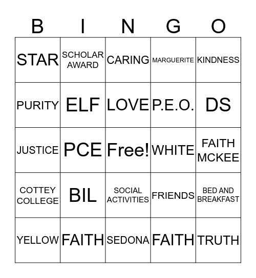 P.E.O. BINGO Card