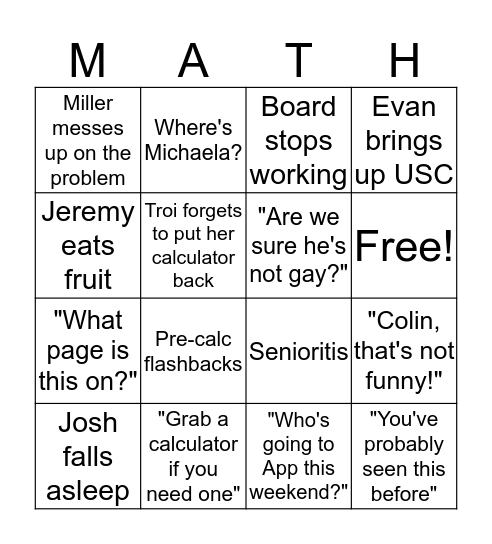 Math Bingo Card